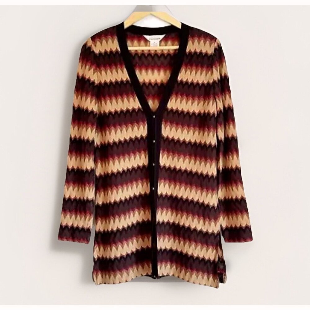 Exclusively Misook Women’s Chevron Knit Cardigan Medium Brown Red Neutral Office